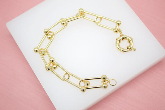 18K Gold Filled Paper Clip Bead Link Bracelet (I341)