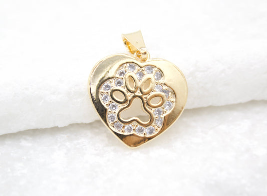 18k Gold Filled Dog Paw Heart Lovers Pendant With CZ Stones